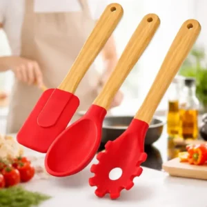 Kit C/3 Utensilios De Silicone E Bamboo Vermelho
