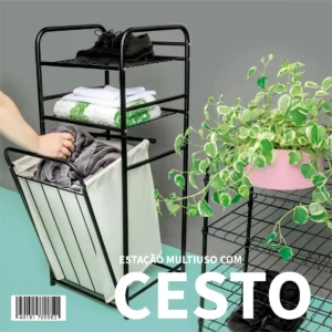 Cesto De Roupas Multiuso Organizador Estação Lavanderia Cor Preto Grades