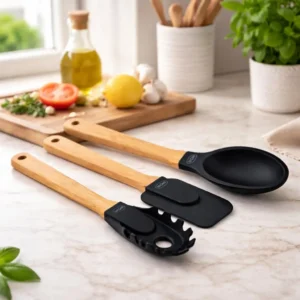 Kit C/3 Utensilios De Silicone E Bamboo Preto